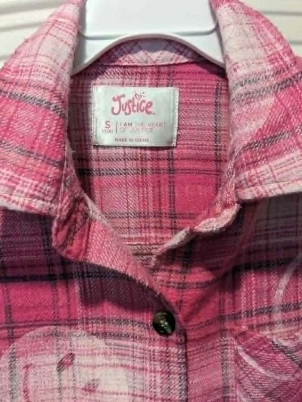 Girl's Justice Pink Plaid Flannel Button-Up Shirt - size S (7/8) VGUC